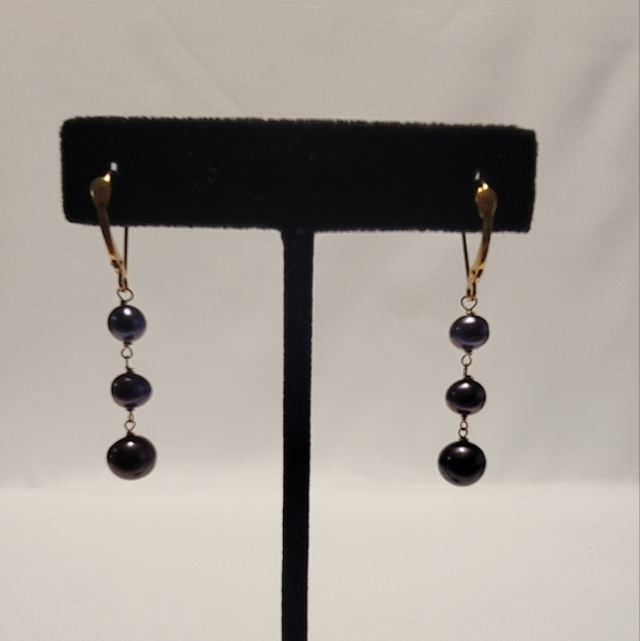 14K Yellow Gold Cultured Freshwater Pearl Dangle Drop Earrings - Picture 3 of 5